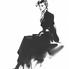 Fashion sketch, Elegant Ink Fashion Illustration of a Woman in Black Dress. Vintage. 