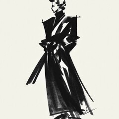 Fashion sketch, Elegant Ink Fashion Illustration of a Woman in Black Dress. Vintage. 