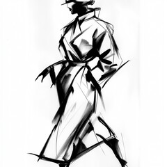 Fashion sketch, Elegant Ink Fashion Illustration of a Woman in Black Dress. Vintage. 