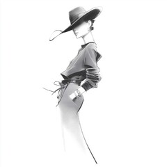 Fashion sketch, Elegant Ink Fashion Illustration of a Woman in Black Dress. Vintage. 