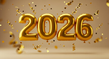 Celebratory golden 2026 balloons with festive confetti for new year celebration