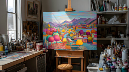 Artist Studio Landscape Painting Vibrant Colorful Artwork on Easel in Brightly Lit Creative Workspace
