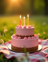 Pink birthday cake with a candles on the festive table
