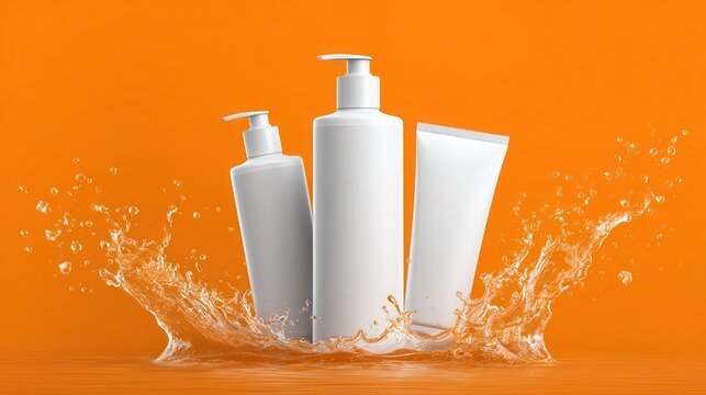Stunning photo of palin blank empty white skincare bottles tube pump orange background water splash bright warm minimal clean beauty product display cosmetic packaging modern.