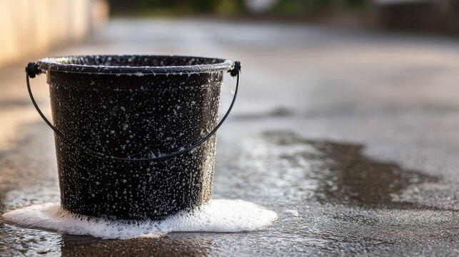 Stunning photo of black soapy water foam plastic bucket sponge soap suds car wash sunlight reflection outdoor cleaning service wet garden house driveway pavement shiny surface.