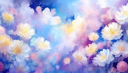 dreamy pastel chrysanthemum blossoms on watercolor sky background with soft clouds and vibrant light flares for floral design, branding, or digital wallpaper

