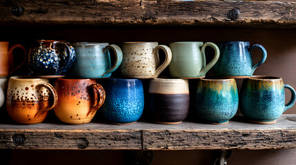 Handmade Pottery Mugs On Rustic Wooden Shelf Artistic Ceramic Cups Colorful Stoneware Tea Mugs Set Unique Handcrafted Drinkware Collection Coffee Mugs Array Kitchen Decor Still Life