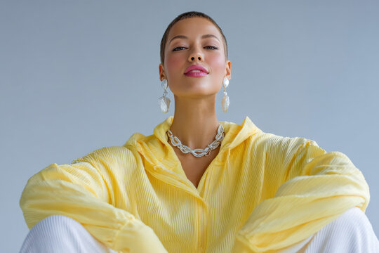 Fashion model posing with silver necklace and earrings, wearing yellow jacket