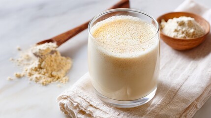 Stunning photo of dairy-Free Vanilla Protein Drink for Bodybuilding and Nutrition on White Surface.