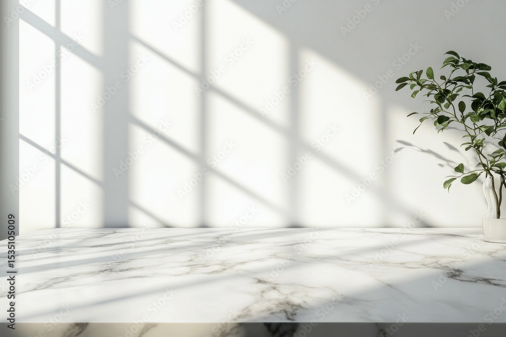 Poster high definition picture of marble table with window shadow drop on white wall background for mockup 