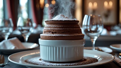 Delicious Chocolate Souffle Served Hot with Powdered Sugar in Restaurant