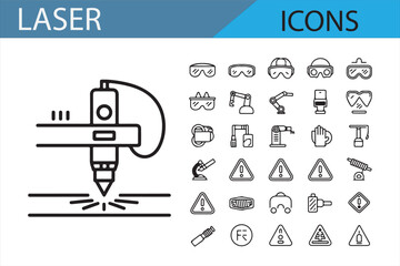 Industrial icons of laser machines, cutting tools, and engraving devices for technical and engineering designs