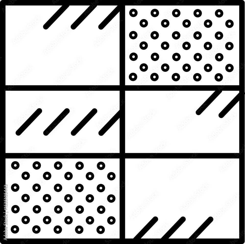 Poster this features grid of six panels with alternating patterns of diagonal lines and polka dots, creatin