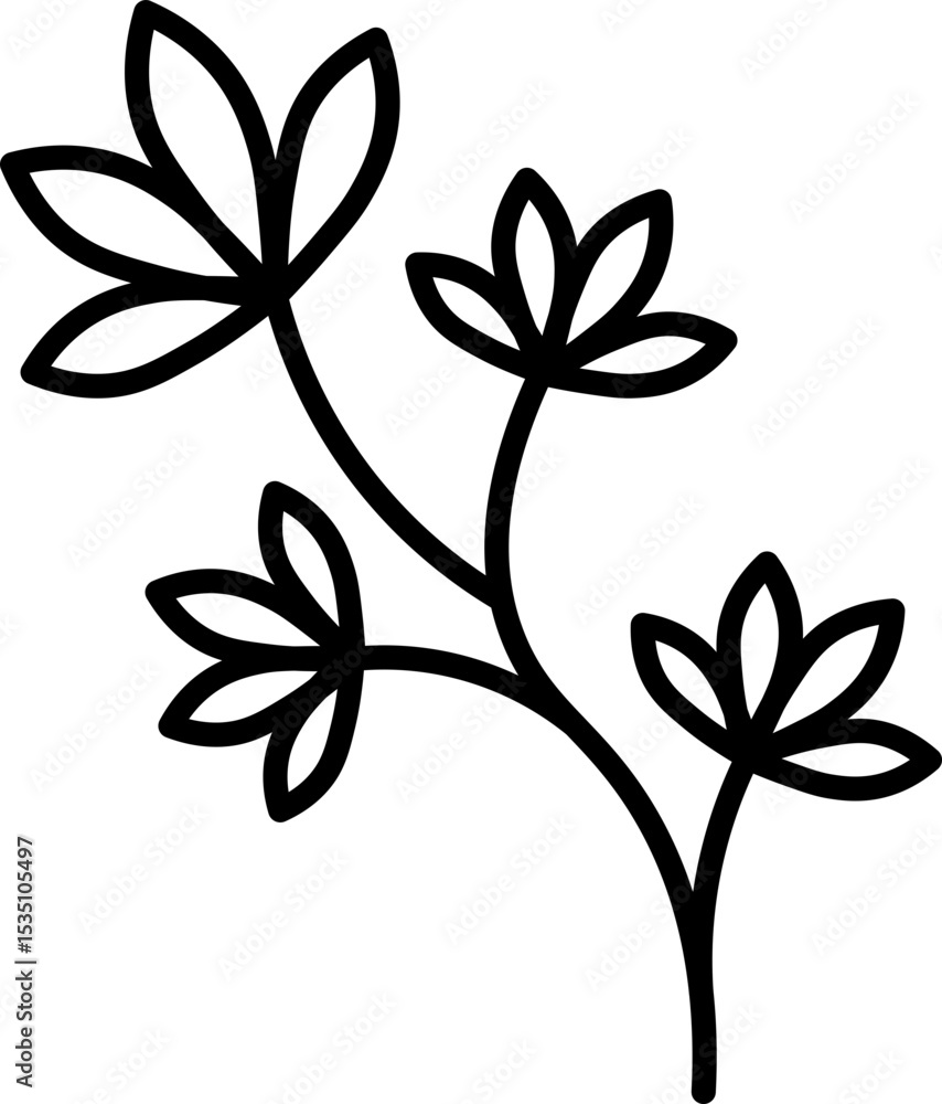 Poster simple black line drawing of plant with multiple leaves on curved stem, creating minimalist and eleg