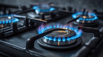 Stunning photo of close up view of a modern gas stove with blue flames, showcasing energy efficient cooking technology and highlighting safety features for home cooks.