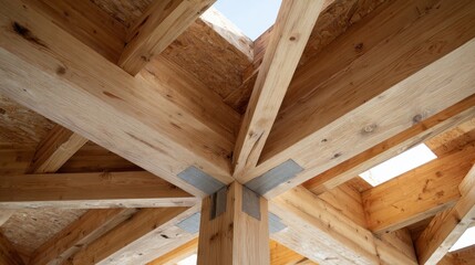 Stunning photo of modular wooden joint system used in prefabricated housing , showing interlocking beams and metal-free connectors.