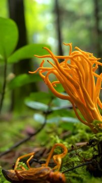 Cordyceps mushroom parasitizing insect body growing from mossy forest floor with bright yellow fruiting bodies in natural outdoor setting