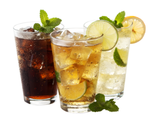 Refreshing Citrus Summer Drinks with Ice and Mint Cola and Mojito  with Ice Cubes Leaves in clear glass on white / PNG background