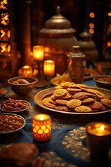 "Festive feast on blue tablecloth, gold trays of cookies and chips, lit candles, Indian celebration ambiance"