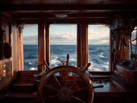 Stunning photo of nautical scene from a classic wooden ship's wheelhouse overlooking the ocean.