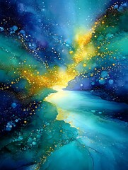 Fototapeta premium the painting depicts an abstract landscape rendered in cool blues and greens with highlights of gold