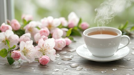 Aautumn Blossom Flat Design Concept. Hot Cup of Tea with Beautiful Pink Flowers on a Wooden Table Surrounded by Soft Water Droplets