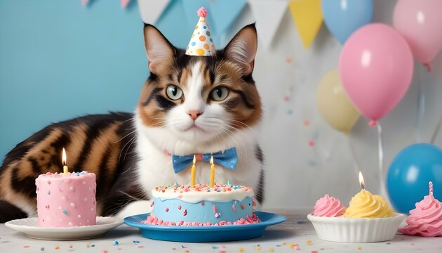 A cute cat is ready to celebrate its birthday with cake, party hats, and balloons.