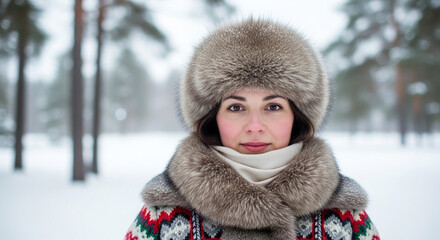 Fur Hat Woman in Snow Landscape