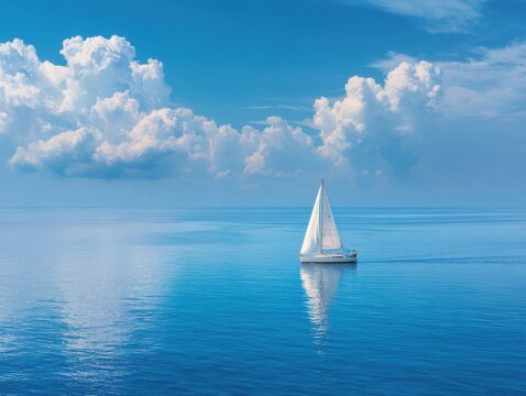 Stunning photo of yacht sailboat sailing alone on calm blue sea waters on a beautiful sunny day with blue sky and white clouds.
