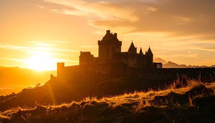 Obraz premium Majestic Castle Silhouette at Sunset Golden Hour Landscape.