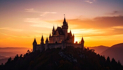 Naklejka premium Majestic Castle Silhouette at Sunset Fairytale Landscape.