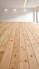 Naklejka premium Light Wooden Tabletop in Modern Minimalist Room Interior.