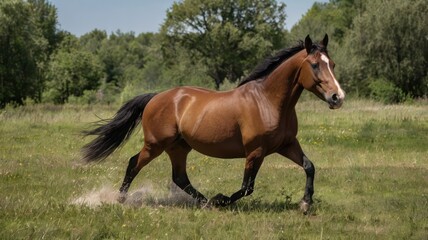 Fototapeta premium A brown horse galloping across a grassy field