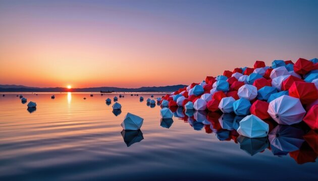 Vibrant sunset over calm water with colorful umbrellas and floating lanterns creating a serene and picturesque landscape scene at dusk.