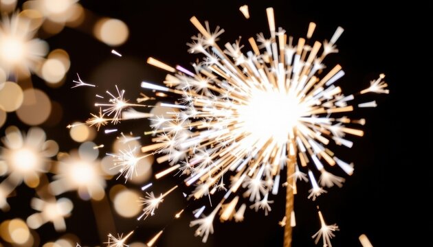 Bright sparkling fireworks exploding with glowing sparks and colorful light trails illuminating a dark night sky for celebration and festive event ambiance