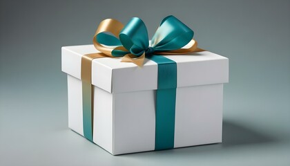 Elegant white gift box with teal and gold ribbons, perfect for any special occasion or event.