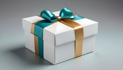 Obraz premium A stunning white gift box adorned with teal and gold ribbons.