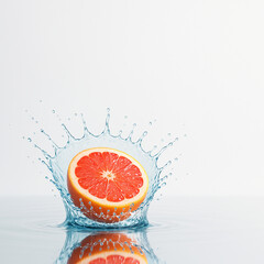 "Frozen Splash Impact with Ruby Grapefruit | Hyper-Real Double-Crown Water Burst on Neutral Cyclorama — 8K Macro Beverage Visual"
