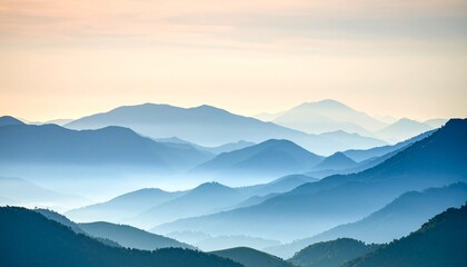 Obraz premium Serene Blue Mountain Range Landscape at Sunrise Peaceful Nature Scenery.