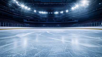 Empty ice rink with a smooth surface, viewed from the stands, under soft lighting. A serene and minimalist sports moment.