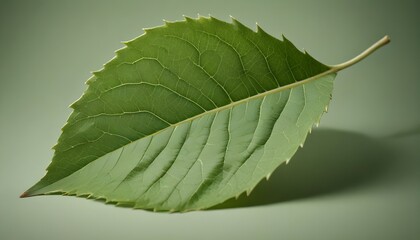Obraz premium Close-up of a vibrant green leaf, showcasing its detailed texture and veins against a soft background.