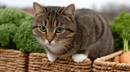 A cat is sitting on top of a basket of vegetables, including carrots