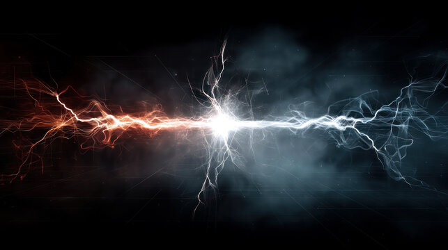 Electromagnetic field visualization, neon colors and flowing current lines. Chaotic lightning grid pattern, bright electric energy on dark tech grid.