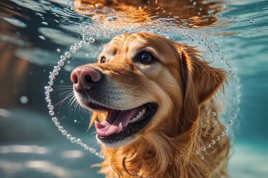 A Golden Retriever dog swims in a river underwater.
