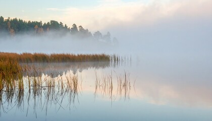 Fototapeta premium Serene Misty Lake at Sunrise Peaceful Nature Scene Tranquil Water Reflection.