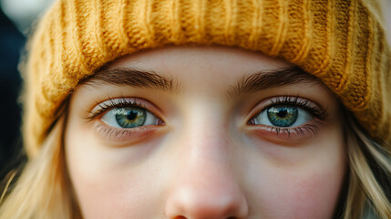 Close-up of a person wearing a yellow knit hat, focusing on their expressive eyes