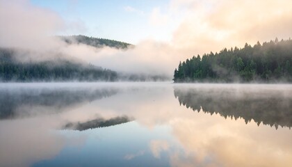 Fototapeta premium Serene Misty Lake Sunrise Reflection Peaceful Nature Landscape.