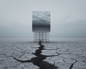 A large, reflective cube sits in the middle of a barren, rocky desert