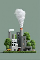 A cityscape with a factory and a lot of smoke coming out of it