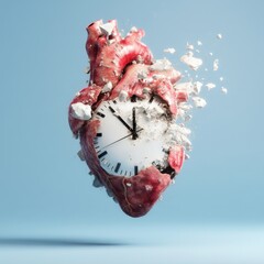 A heart with a clock on it that is broken and has the hands at 3:00